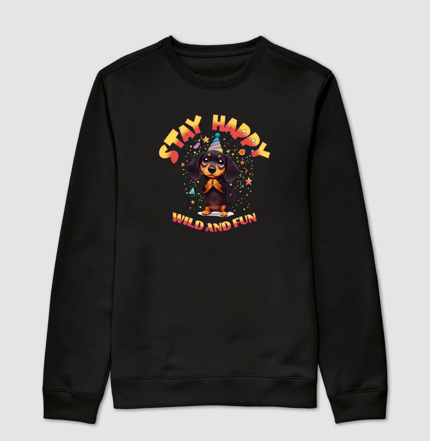 Suéter Moletom Dachshund Fofo Stay Happy Estampa Divertida de Cachorro com Visual Alegre