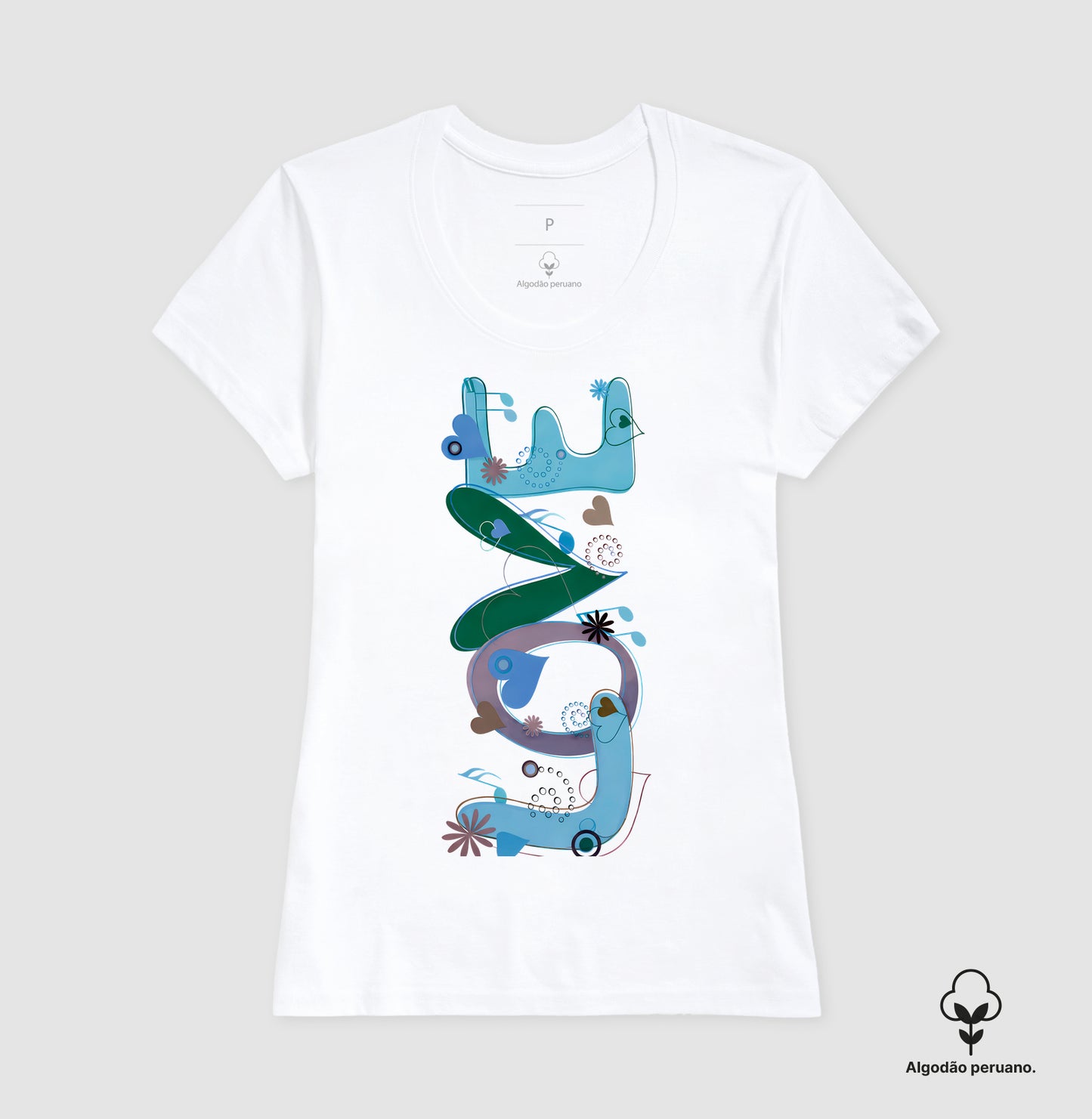 Camiseta Algodão Peruano  FUN Abstrata em Tons de Azul e Verde – Arte Moderna Criativa em Estilo Orgânico